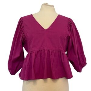 Karlie Crop Peplum Puff Sleeve Top Magenta Size Large NWT